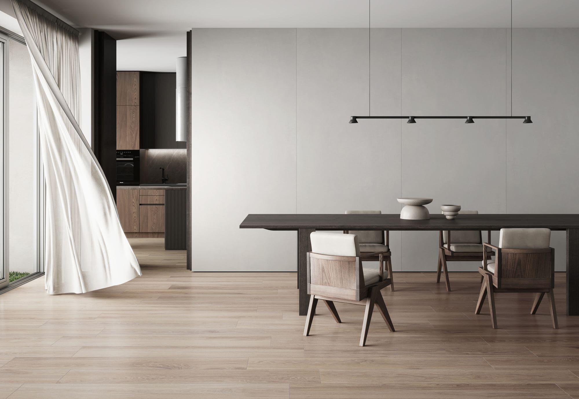 Timber-look porcelain floor beneath a long dining table