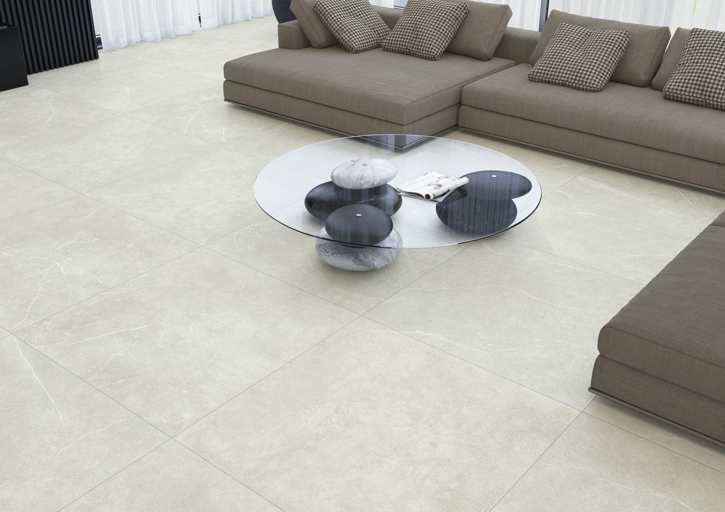 Soft stone-look porcelain floor in a calm, light-filled living room