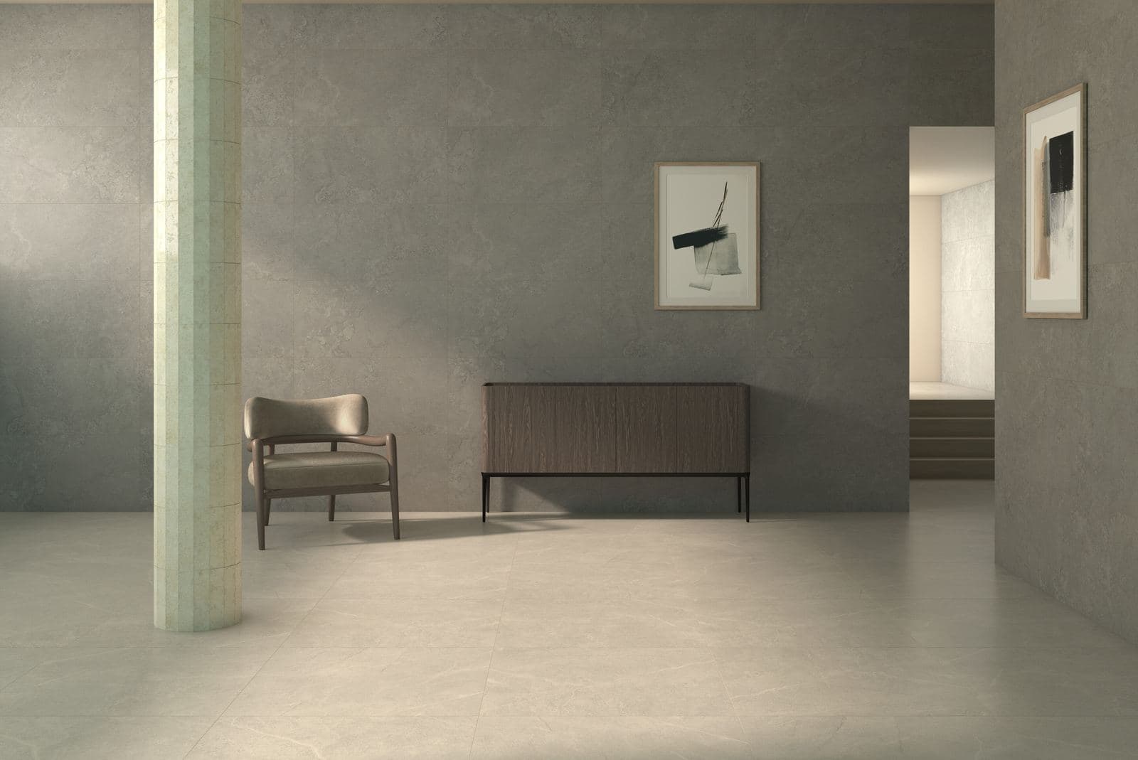 Warm cream stone-look porcelain in a soft, light interior