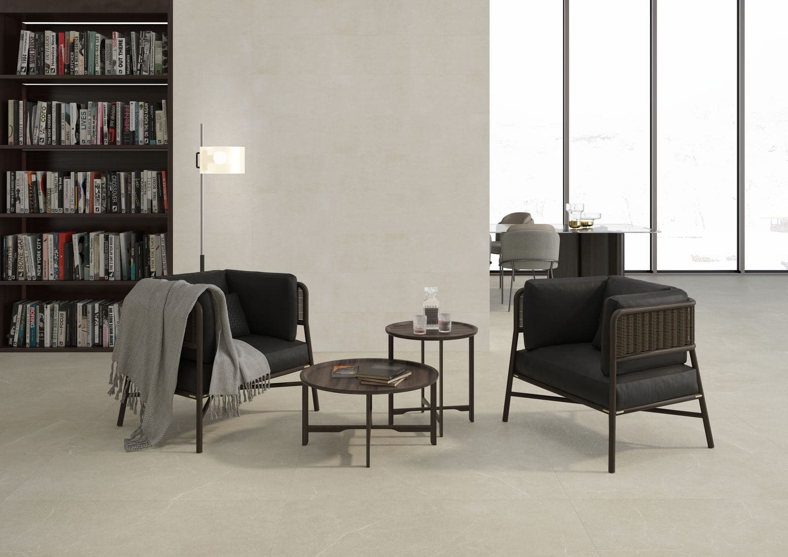 Warm ivory stone-look floor in a quiet reading room